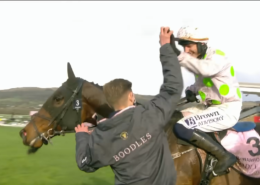 Paul Townend celebrates Gaelic Warrior's victory in Cheltenham Festival Gold Cup 2026